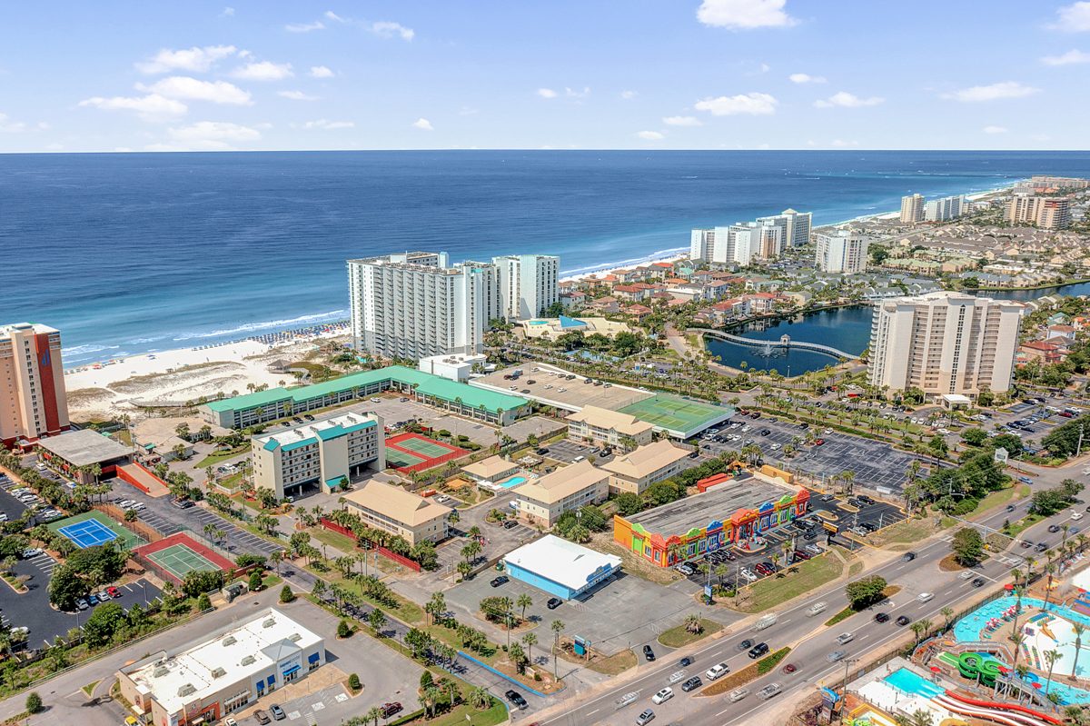 Aerial of Destin coastal community with beaches and condos