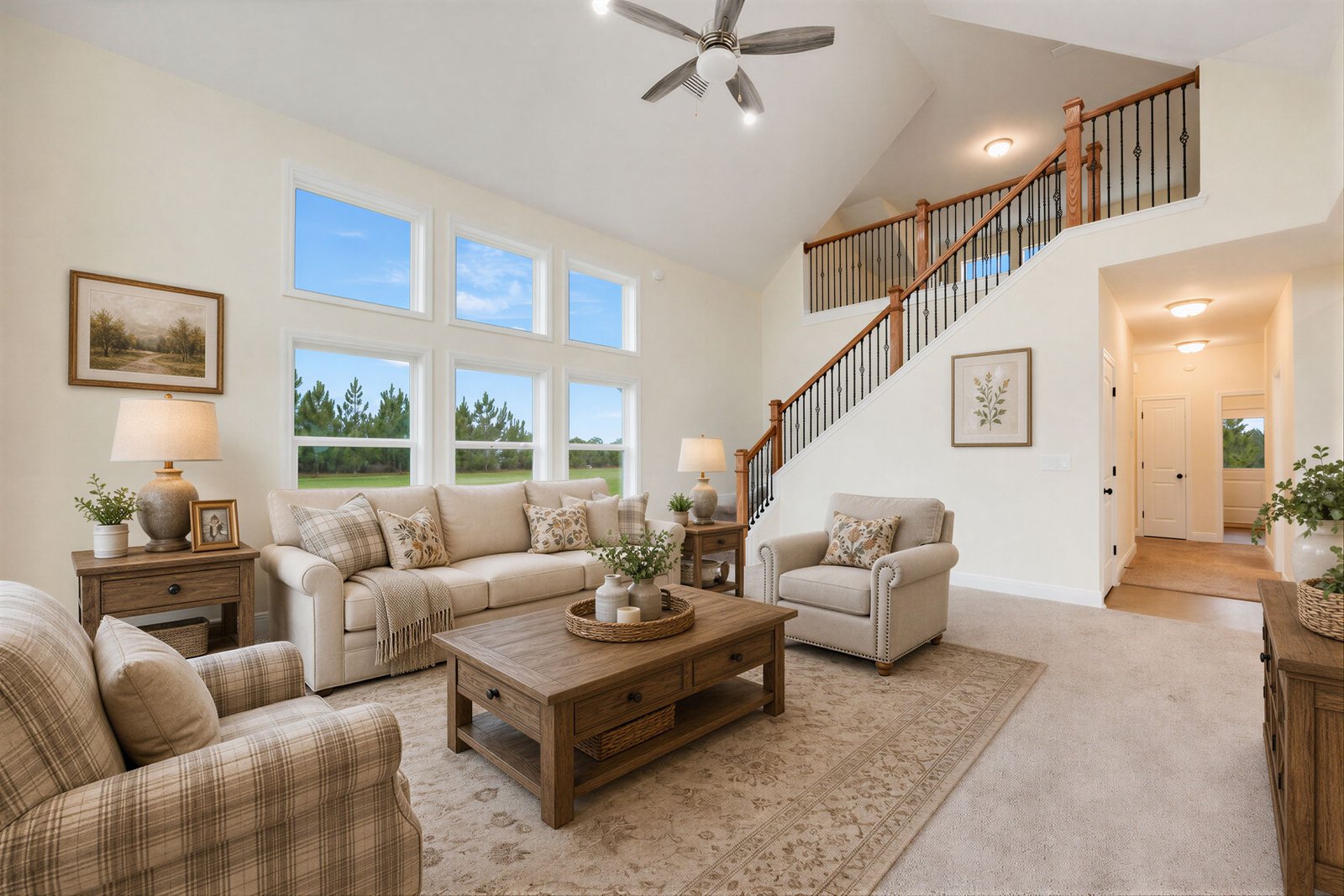 The same room virtually staged with a cream sofa, armchairs, coffee table, area rug, and framed art