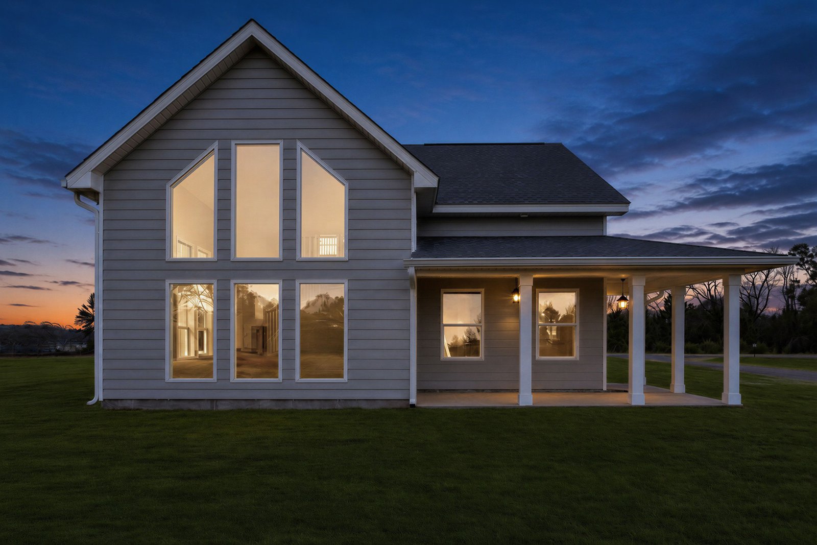 The same home at twilight with warm interior lights glowing through the arched windows