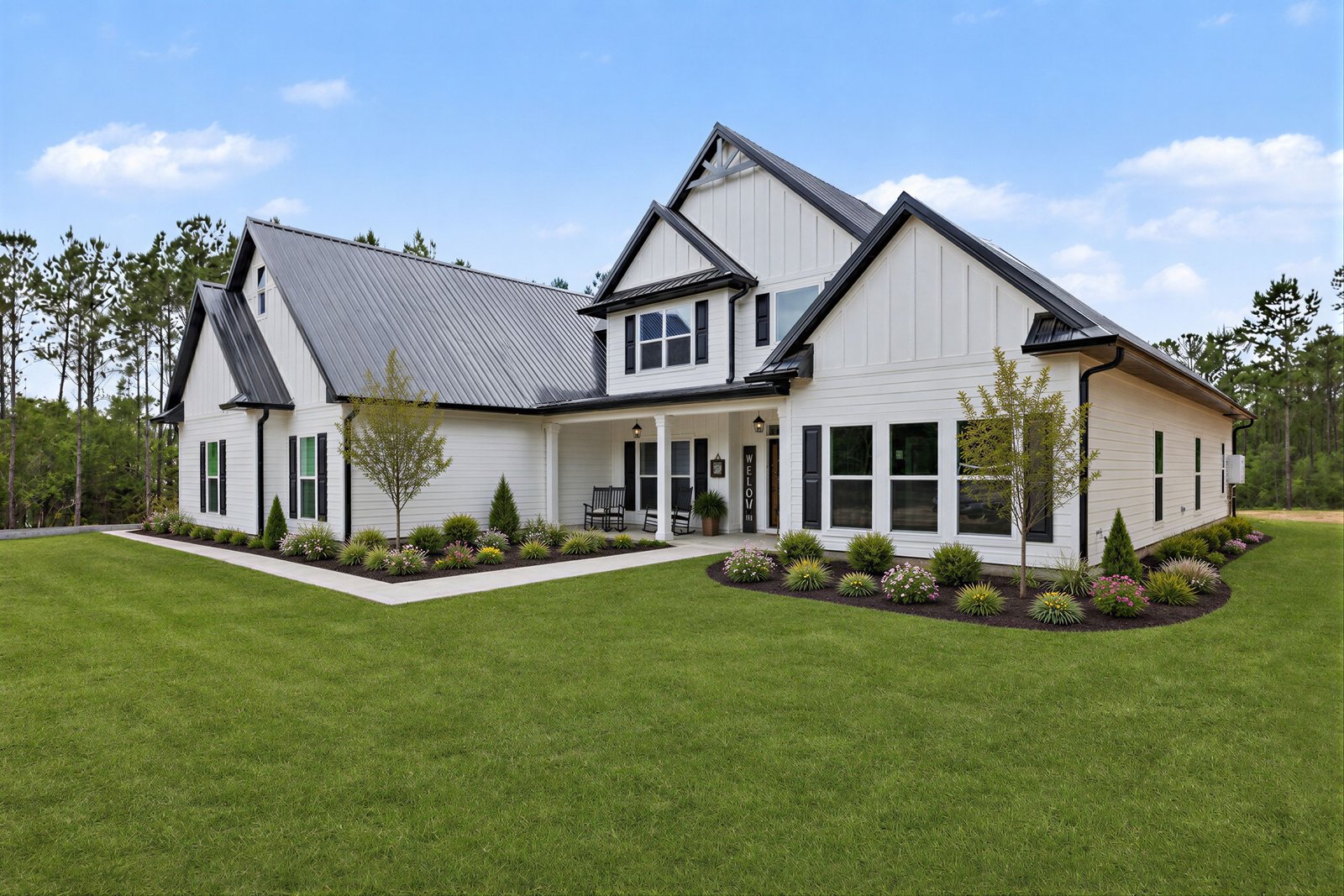 Modern white farmhouse exterior under blue sky, Crestview listing