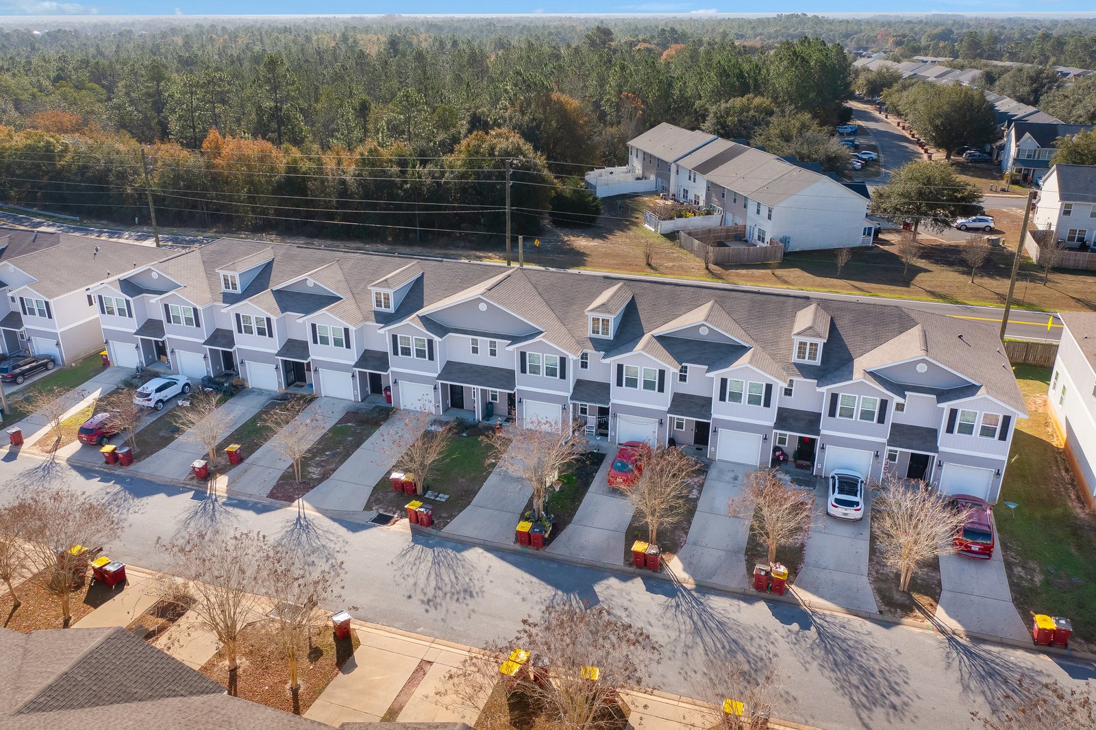 Aerial view of townhome community with tree-lined streets